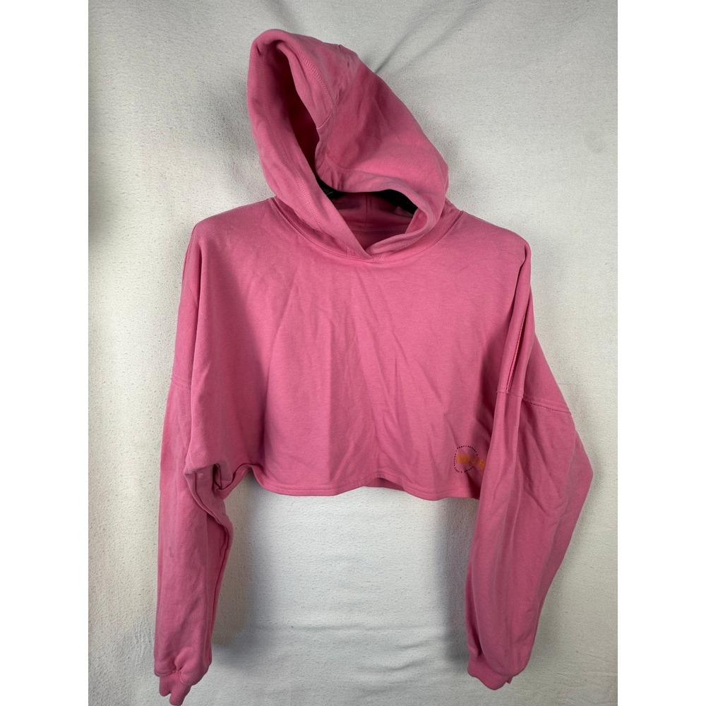 Savage‎ X Fenty Hoodie Womens L Pink Cropped Pullover Sweatshirt Raw Hem Logo
